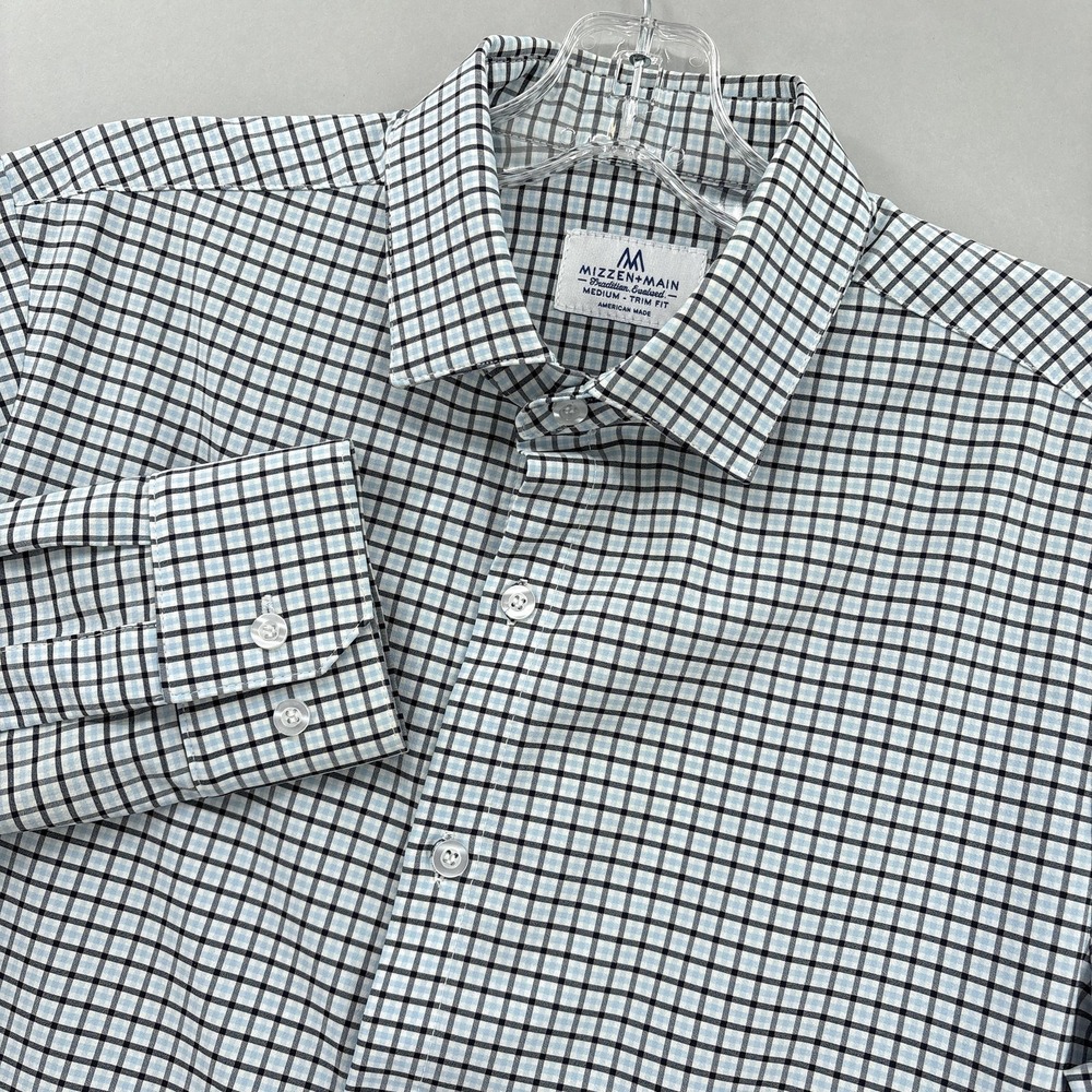 Mizzen+Main Shirt Mens Medium Blue Check Trim Fit Button Up Long Sleeve Stretch